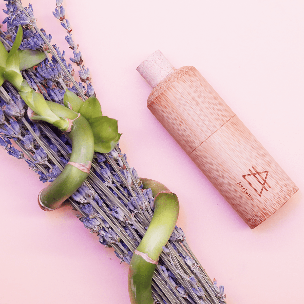 An Ayrlume Personal Bamboo Air Filter Lavender Double Pack resting among sprigs of vibrant purple lavender.
