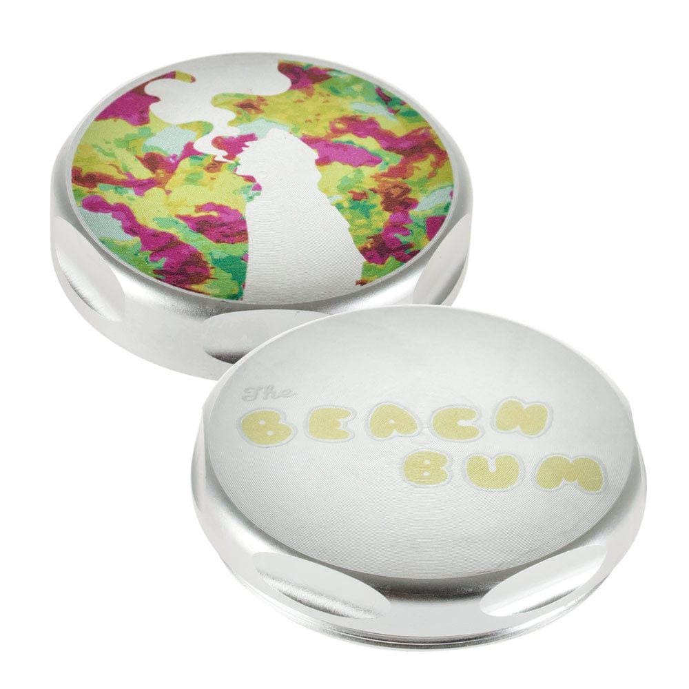 Front view of the Silver 55mm 4-Piece Aluminum Grinder, showcasing its circular metallic finish and layered construction.