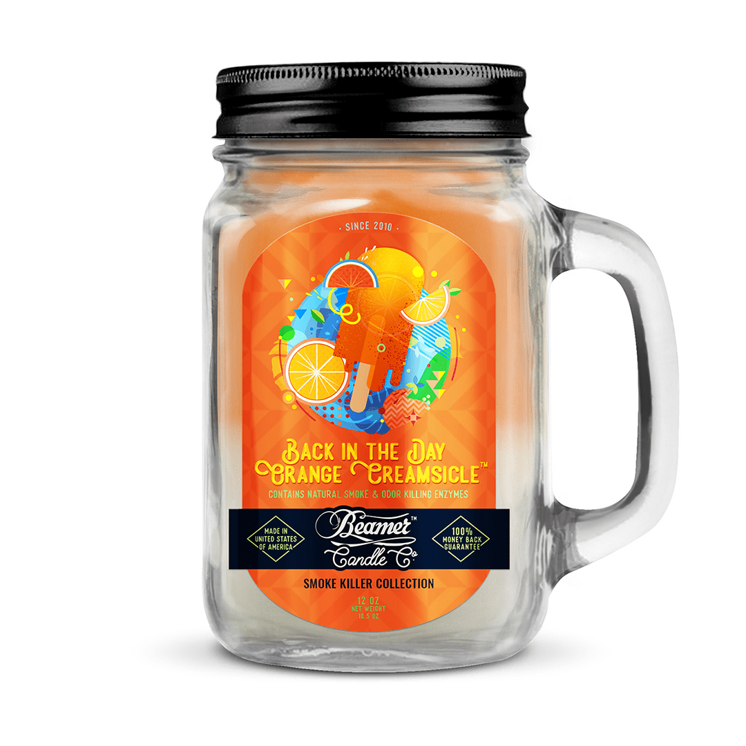 Front view of the Smoke Killer 12oz Candle with a colorful, vintage label design against a plain white background.