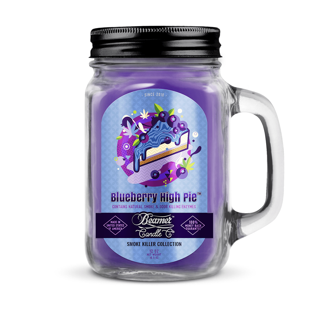 Front view of the Smoke Killer 12oz Candle in a glass jar with a vibrant blue label and gold lettering.