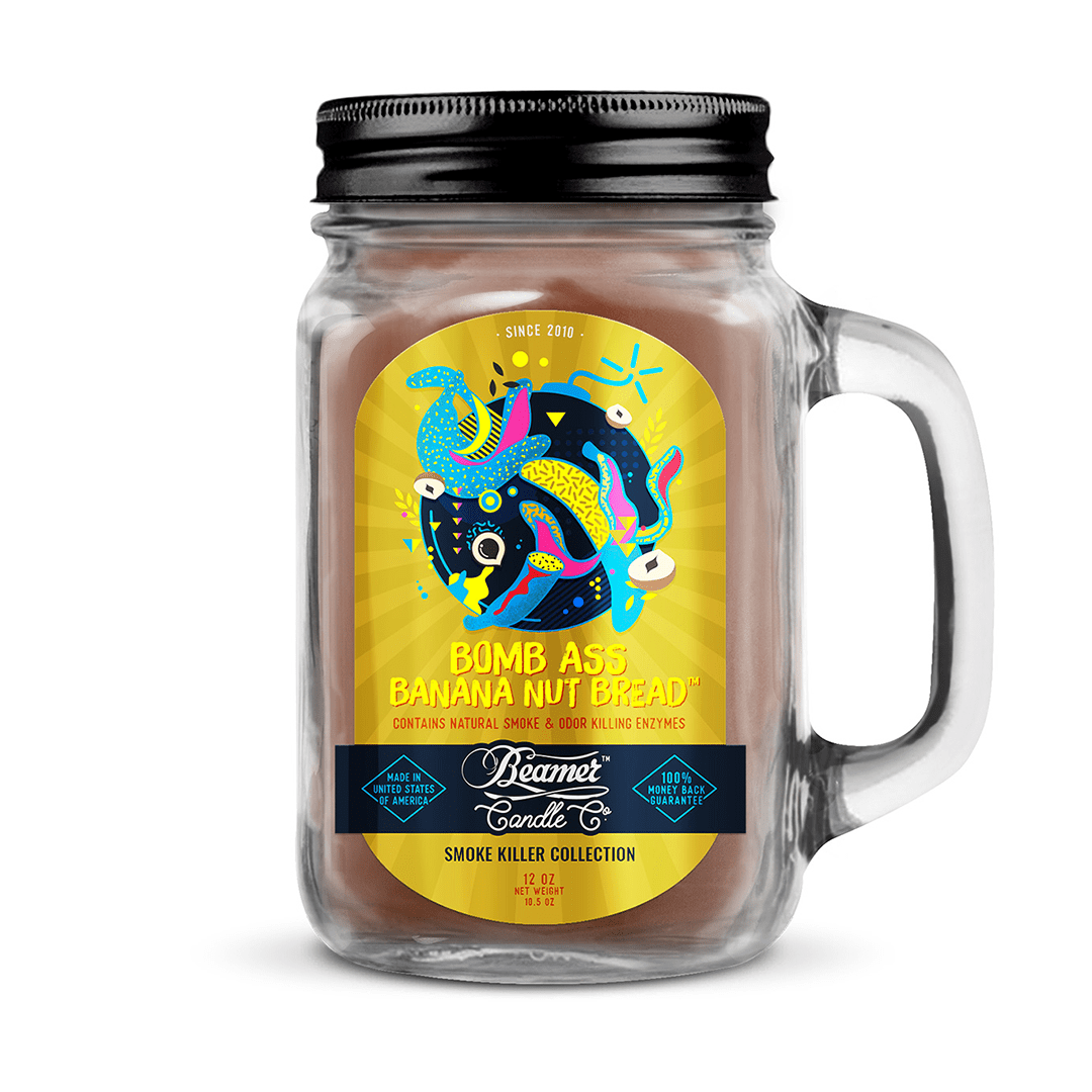 Front view of the Smoke Killer 12oz Candles jar with a colorful, patterned label and a clear glass container.
