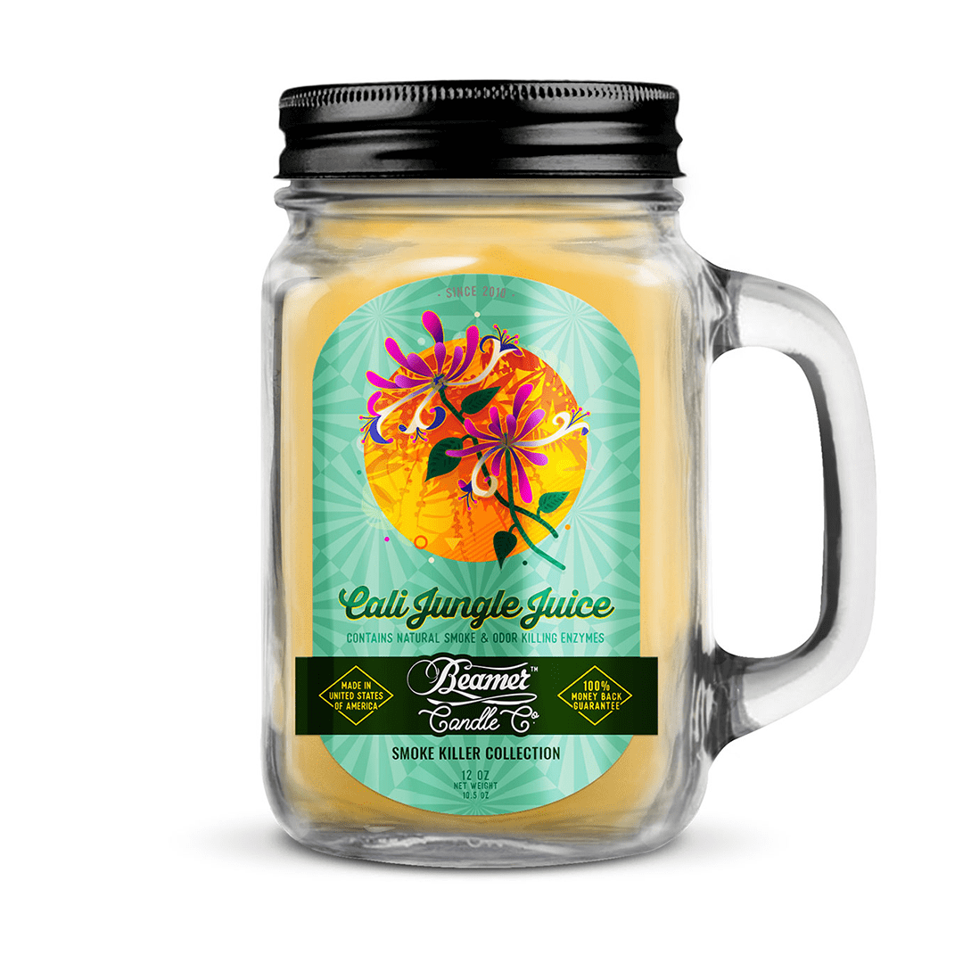 Front view of the Smoke Killer 12oz Candles jar with a colorful label, showcasing its vibrant design and glass container.