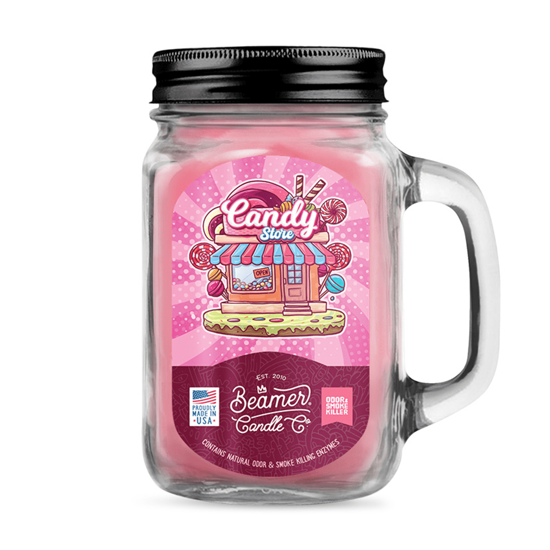 Front view of the Smoke Killer 12oz Candles in a vintage candy store design, with a colorful, illustrated label.