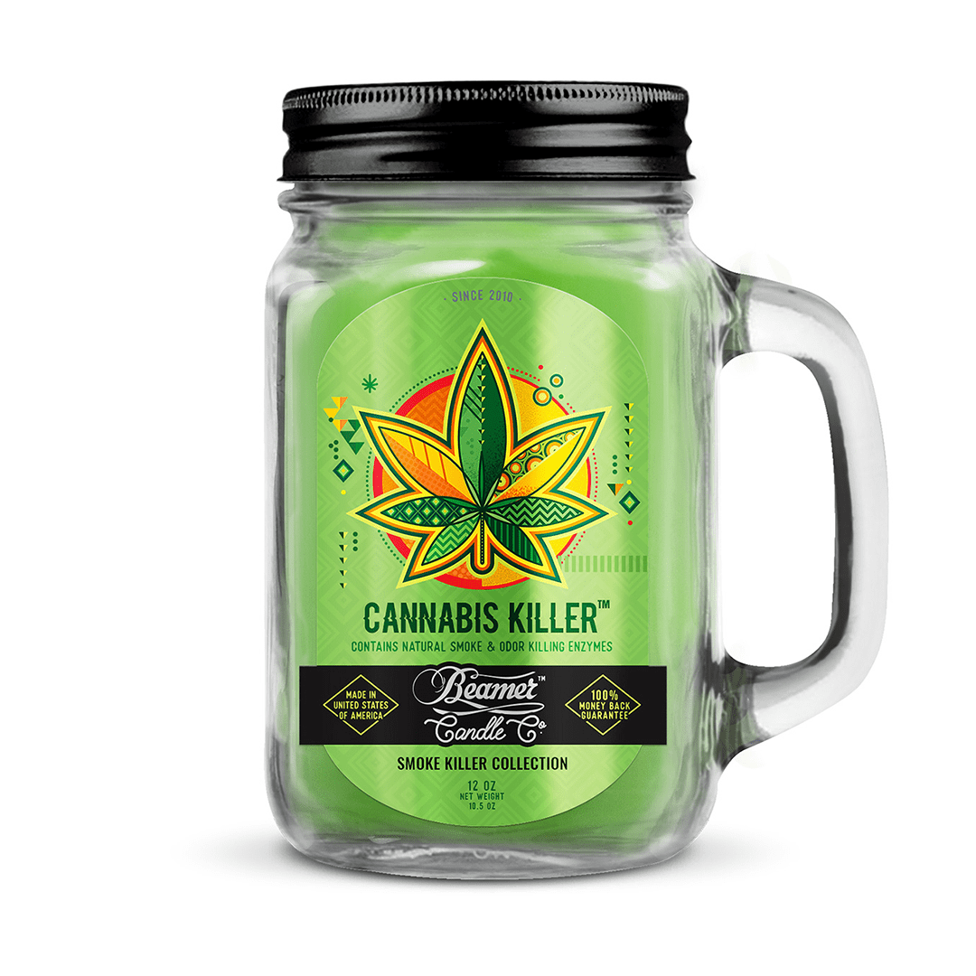 A front view of the Smoke Killer 12oz Candles in a clear glass jar with a bright, colorful label and logo.