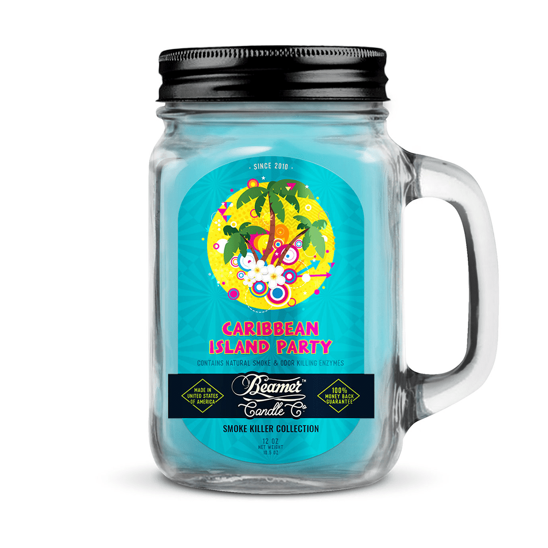 Front view of the Smoke Killer 12oz Candle, featuring a colorful, decorative label design on a glass jar.