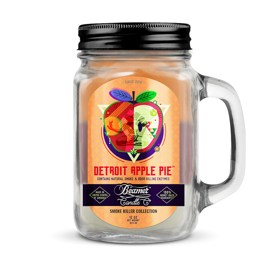 Front view of the Smoke Killer 12oz Candles in a colorful label design, showcasing the brand name and logo against a white background.