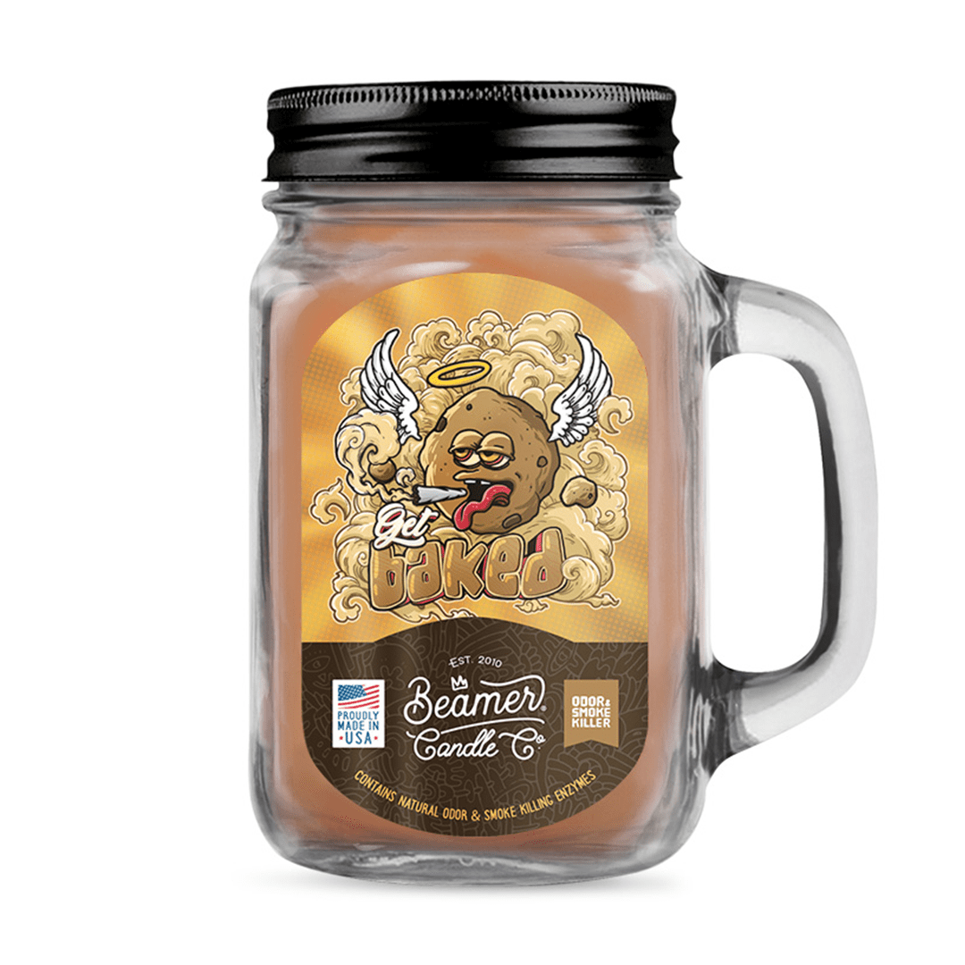 A front view of the Smoke Killer 12oz Candles jar with a vintage label design and a subtle, illustrative element.