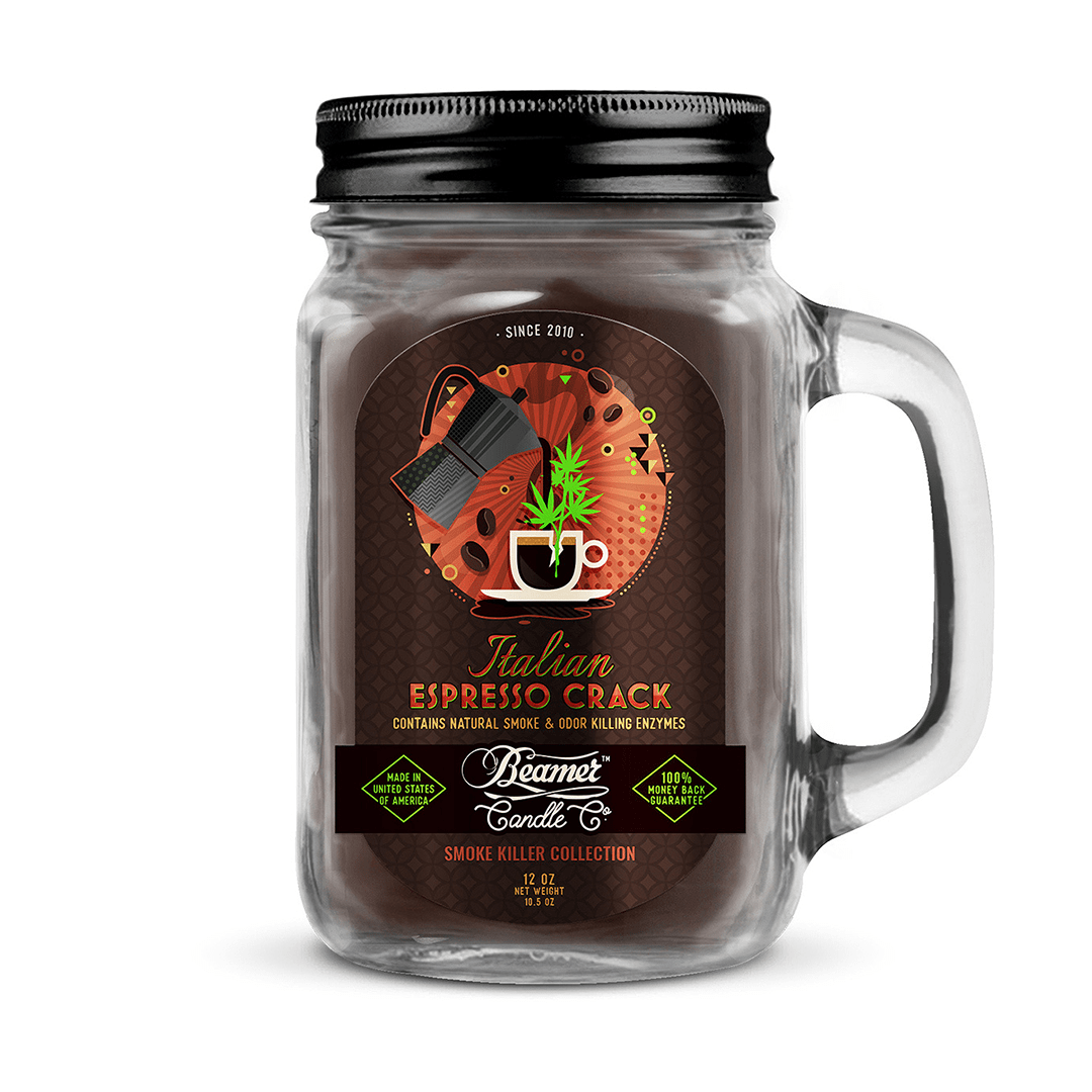 Front view of the Smoke Killer 12oz Candle in a glass jar with a colorful, vintage-style label and black wax drip effect.