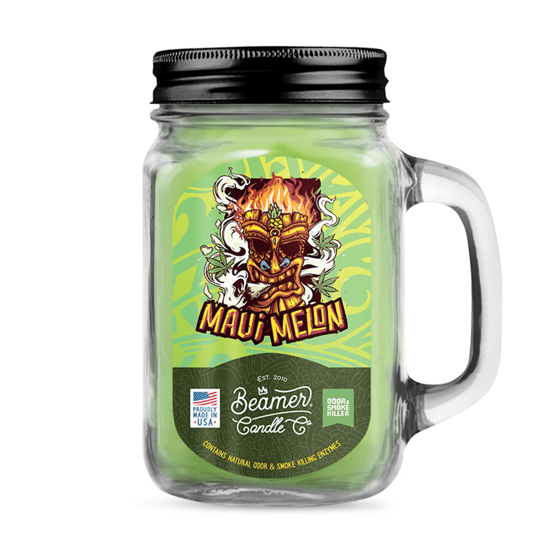 Front view of the Smoke Killer 12oz Candles jar, showcasing a colorful label with text and branding details.