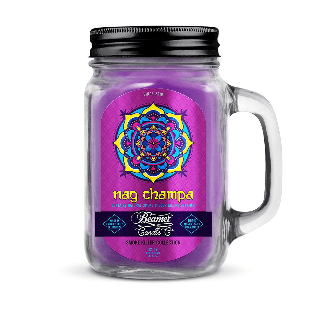 Front view of the Smoke Killer 12oz Candles in a clear glass jar with a detailed label design.