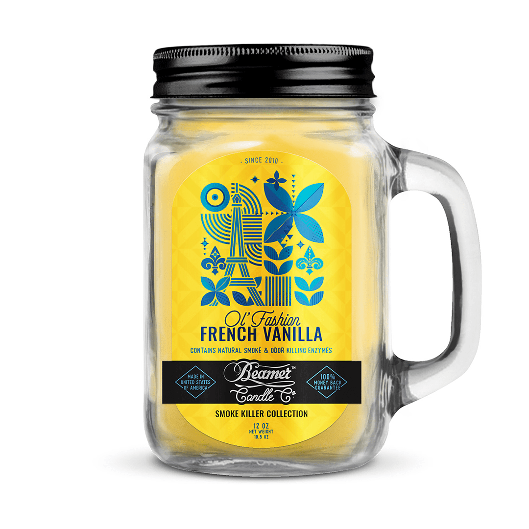 Front view of the Smoke Killer 12oz Candles in a clear glass jar, featuring a vintage-style label design.
