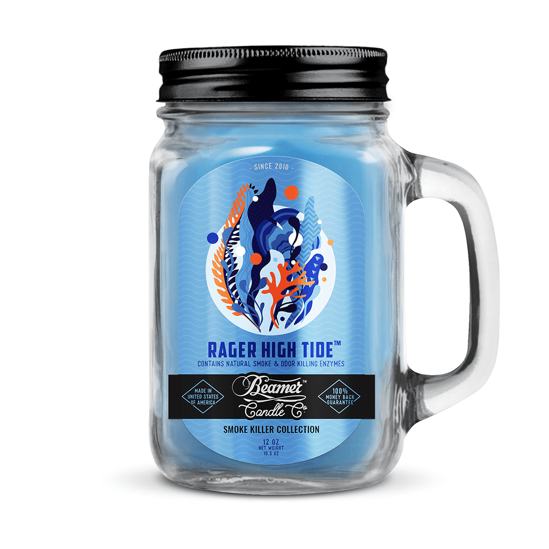 Front view of the Smoke Killer 12oz Candles in a clear jar with a minimalist label, showcasing the product's simple design.