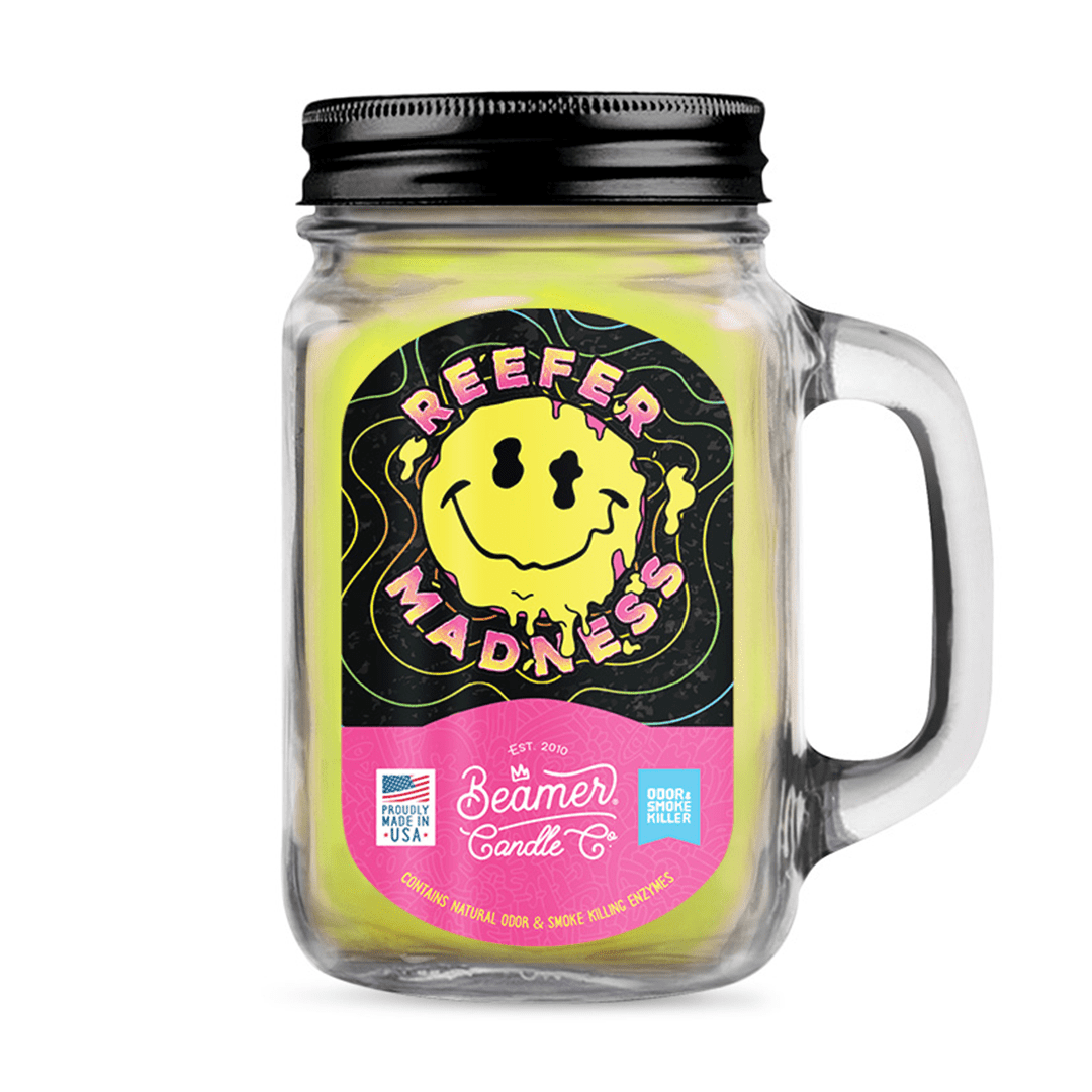 Front view of the Smoke Killer 12oz Candles in a glass jar with a colorful label.