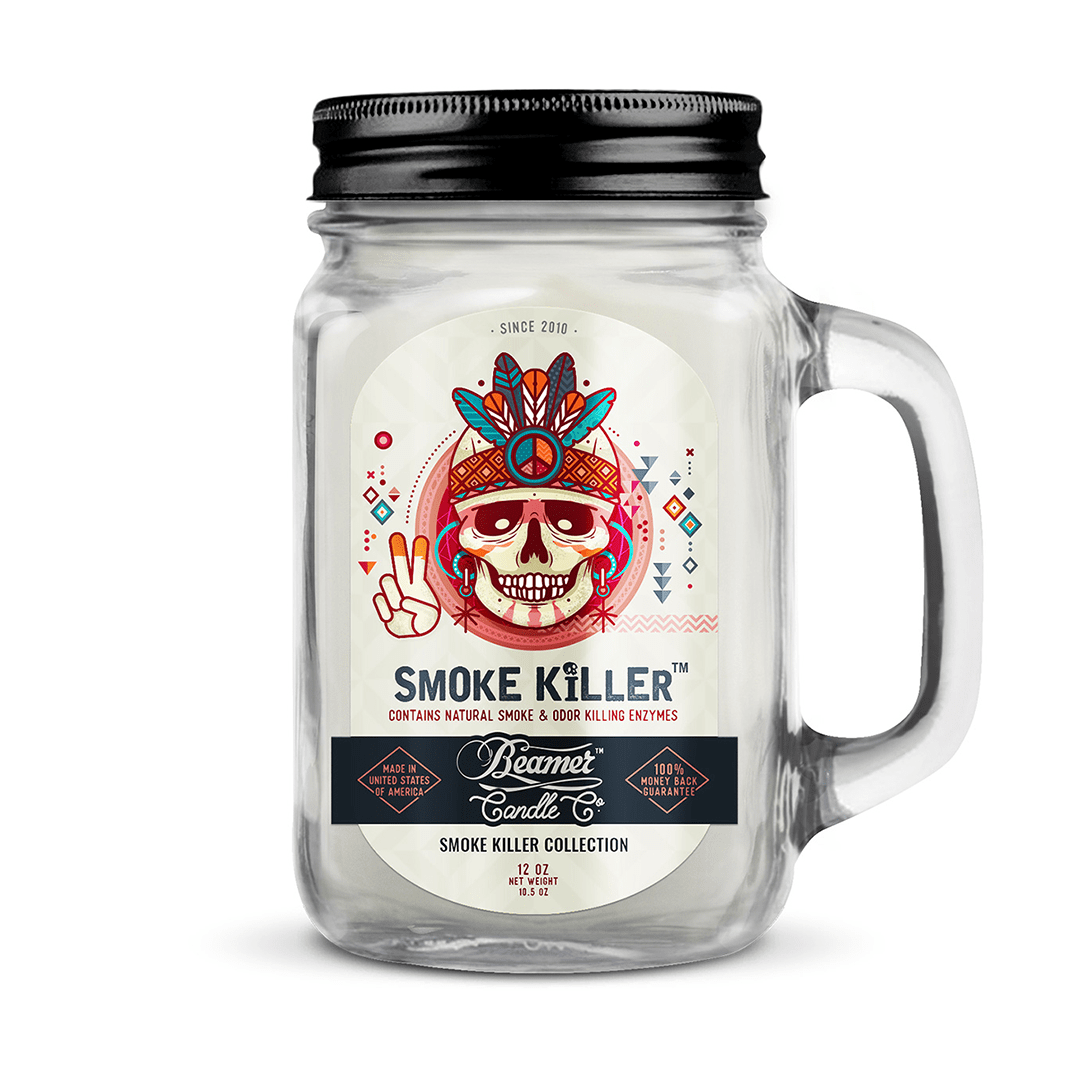 A close-up, front view of the Smoke Killer 12oz Candles in a clear glass jar with a decorative label design.