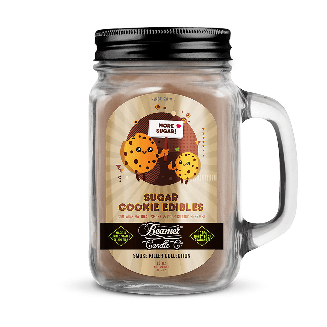 A front view of the Smoke Killer 12oz Candles label featuring colorful cookie illustrations and a vintage aesthetic.