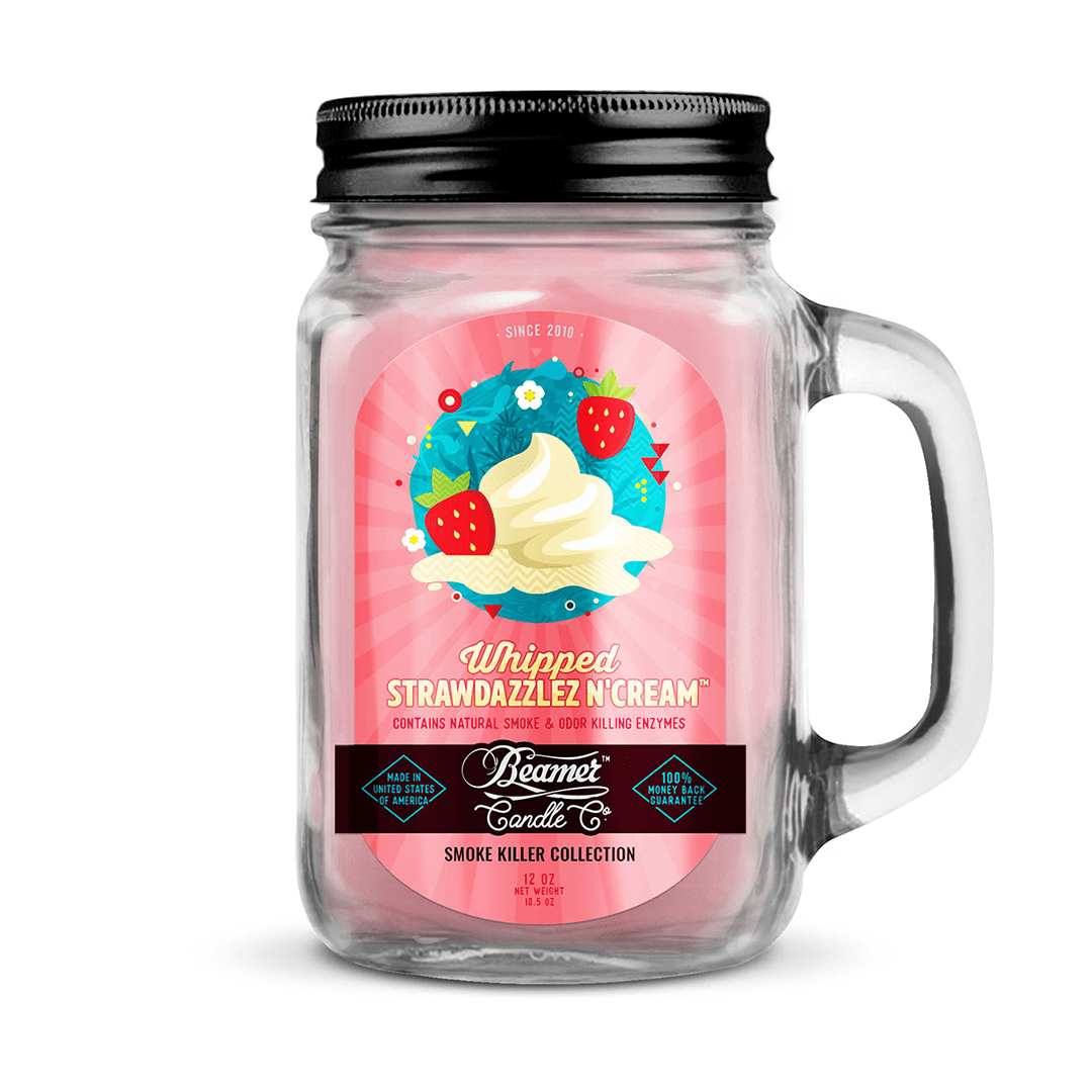 A front view of the 12oz Smoke Killer Candles features a colorful, stylized graphic on a white label.