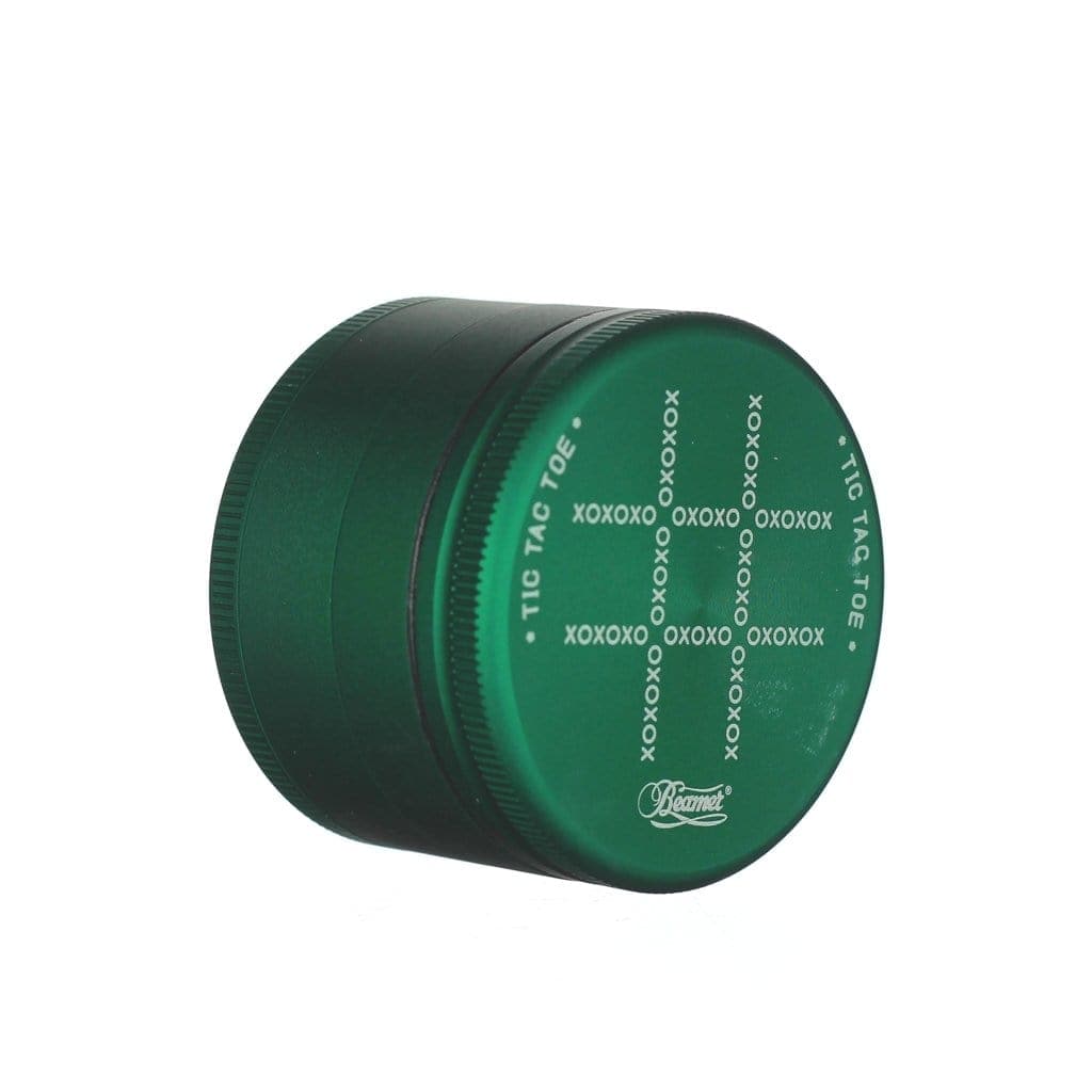 A close-up, angled view of the Beamer Aircraft Grade Aluminum Grinder, showcasing its metallic finish and cylindrical shape.