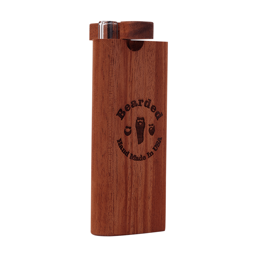 A straight-on view of the Bearded Chillum Dugout, showcasing its woodgrain texture and compact, rectangular shape.