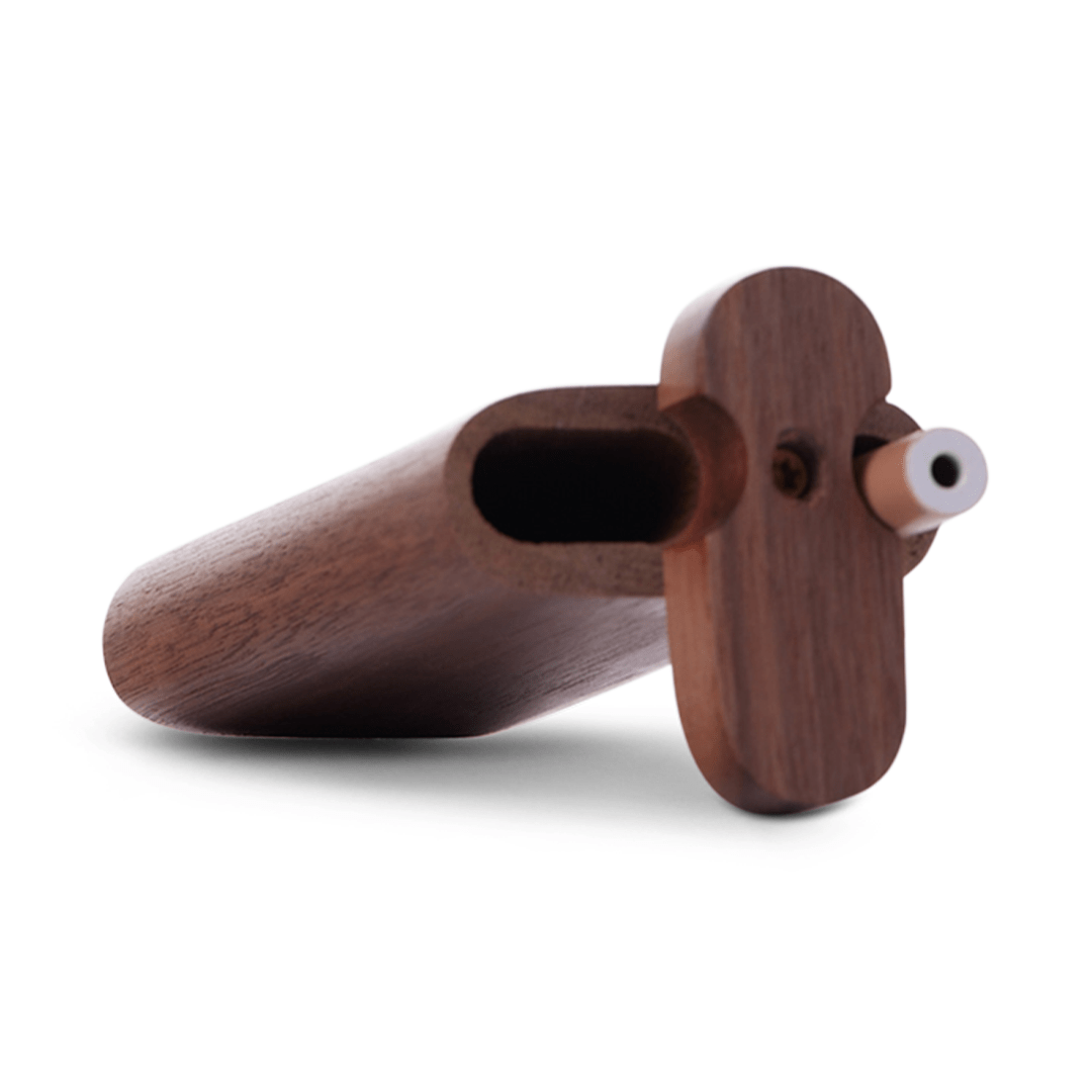 A three-quarter view of the wooden Bearded Classic Dugout, showing its open lid and internal compartment on a white background.