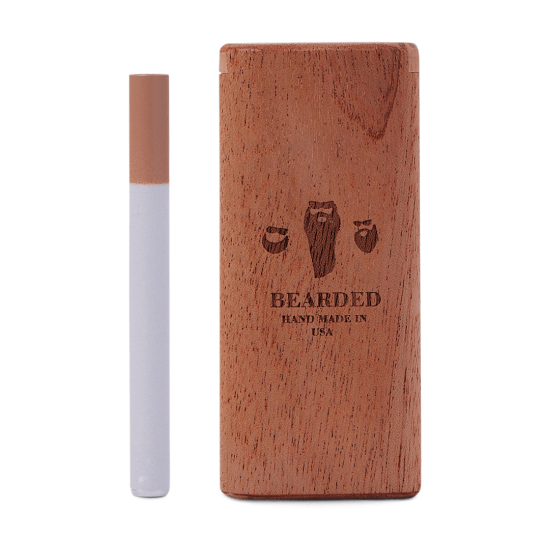 Front view of the Bearded Slide-Top Dugout, a wooden case with a slide-open lid, presented against a plain background.