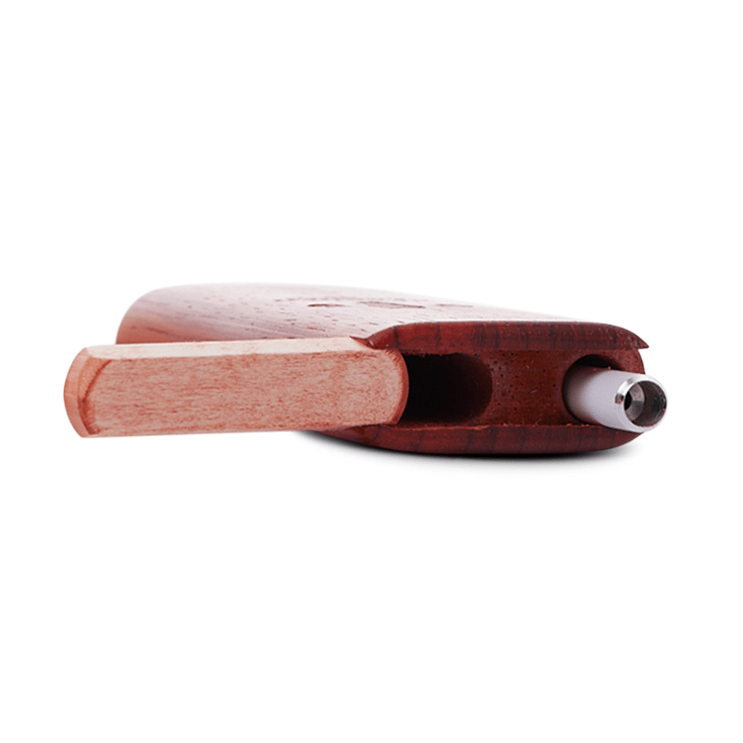 Side view of the open Bearded Slide-Top Dugout, revealing its wooden construction and internal chamber.