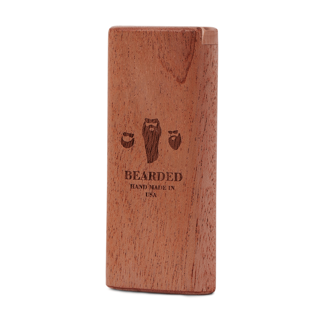 Front view of the Bearded Slide-Top Dugout, a brown wooden case angled slightly on a plain background.