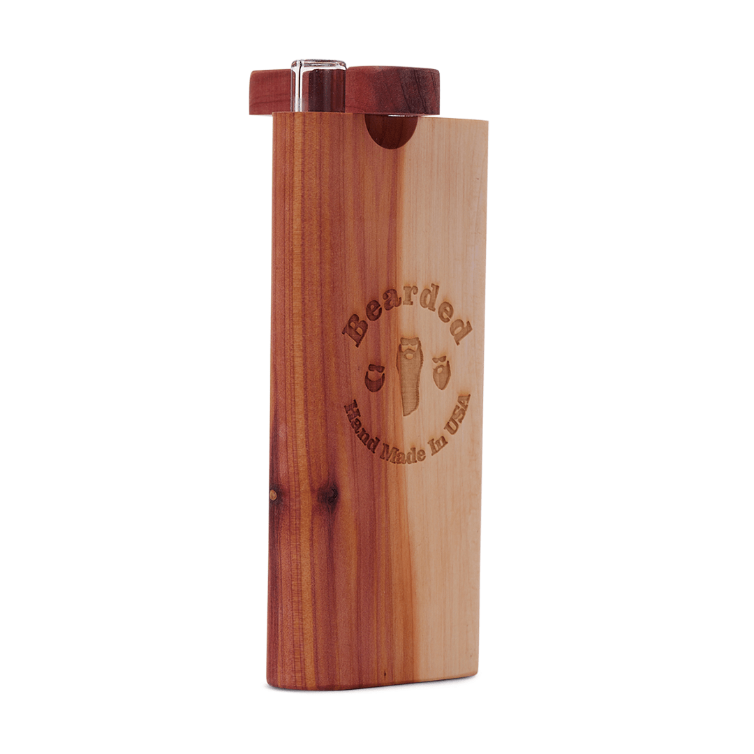 Front view of the Bearded Chillum Dugout, a wooden case with a visible opening for use.