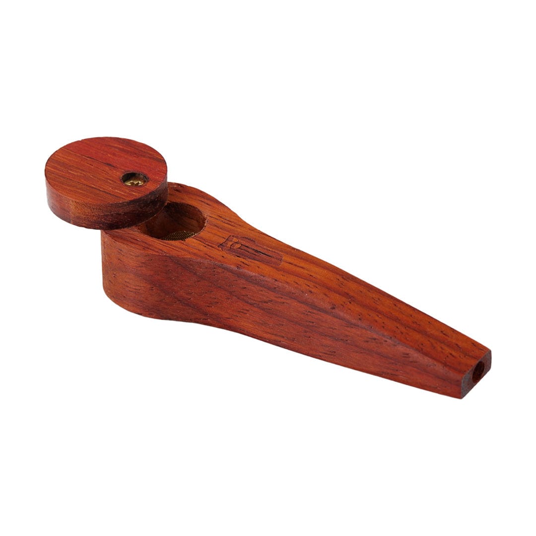 A side view of the Bearded Exotic Pipes with Lid, showing the wooden pipe’s smooth, curved design and capped opening.