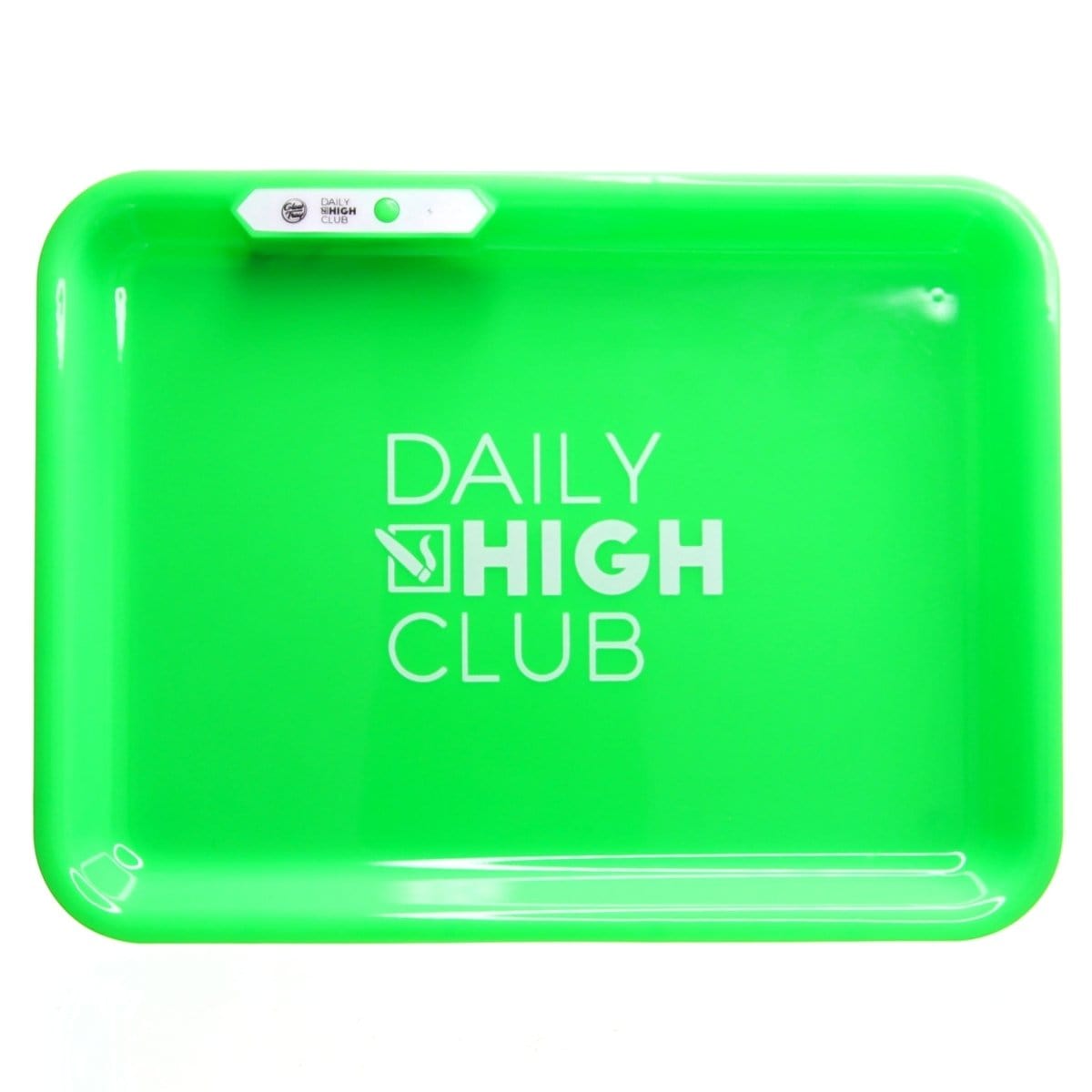 Top-down view of the GlowTray x Daily High Club Rechargeable LED Rolling Tray illuminated with a soft glow on a dark surface.