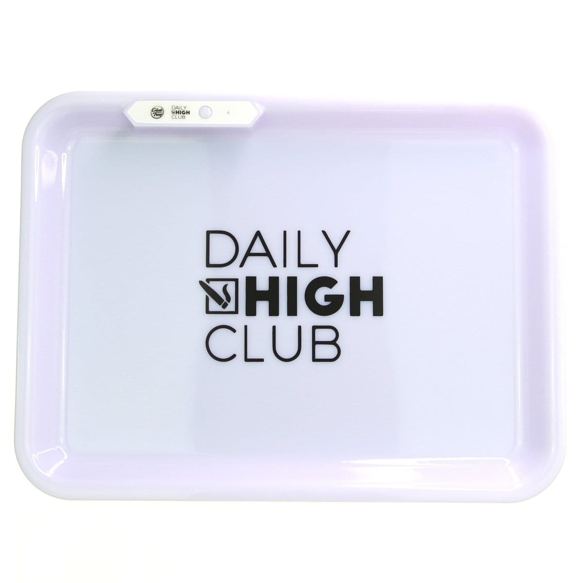 Overhead view of the GlowTray x Daily High Club Rechargeable LED Rolling Tray, illuminated with a soft glow against a dark background.