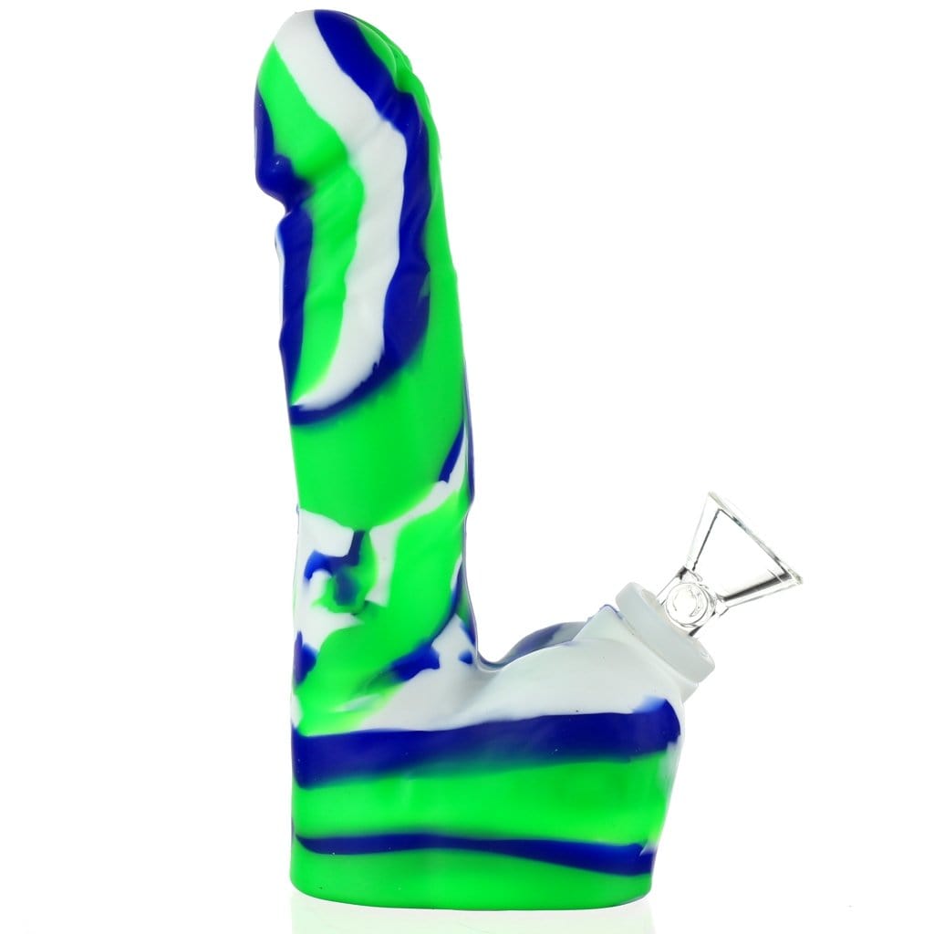 Front view of the Silicone Dildo Bong, a colorful, textured piece presented against a bright white backdrop.