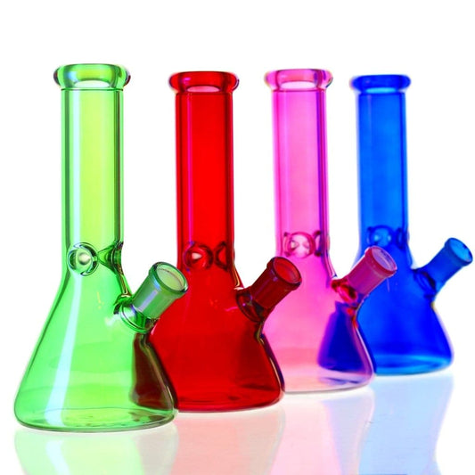 Front view of the Electric Neon Beaker Bong in shades of blue, green, and red, reflecting on a glossy surface.