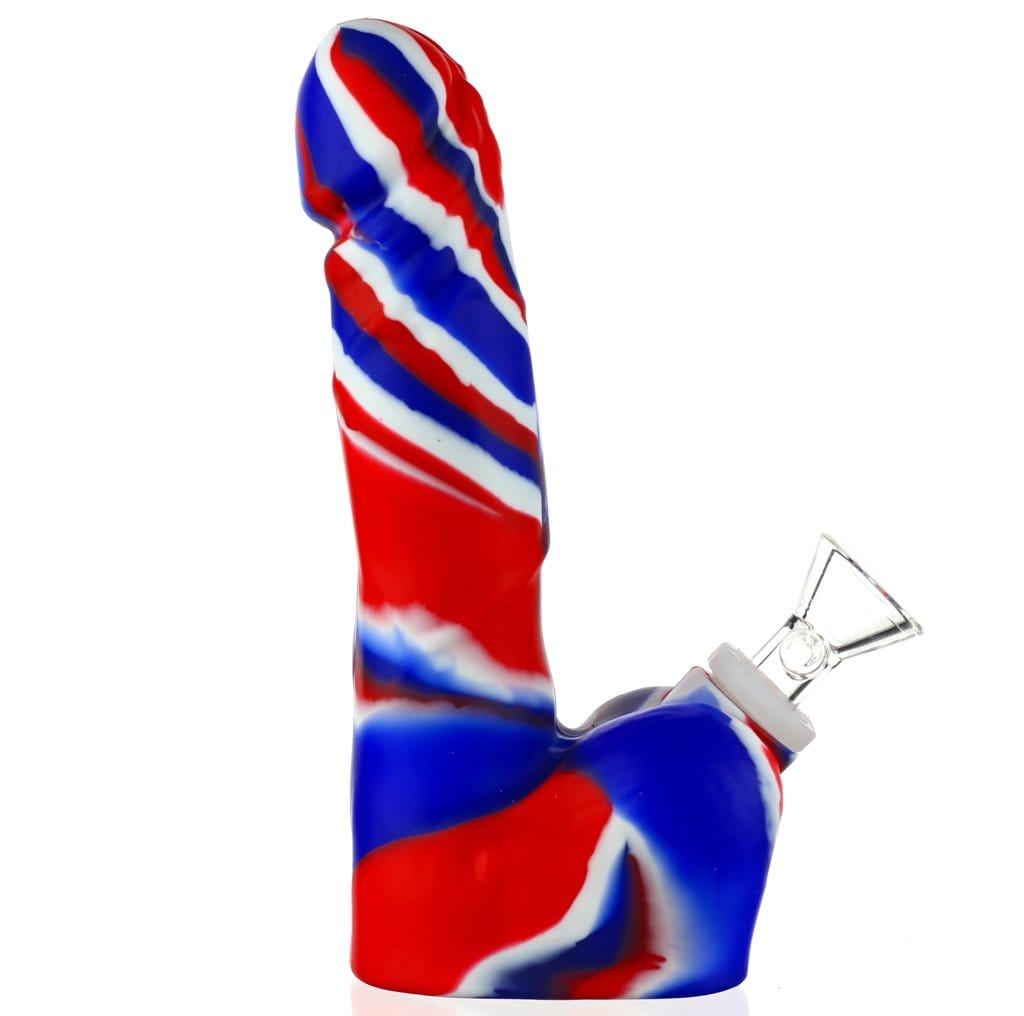 A front view of the Silicone Dildo Bong, showcasing its vibrant red and white striped pattern.