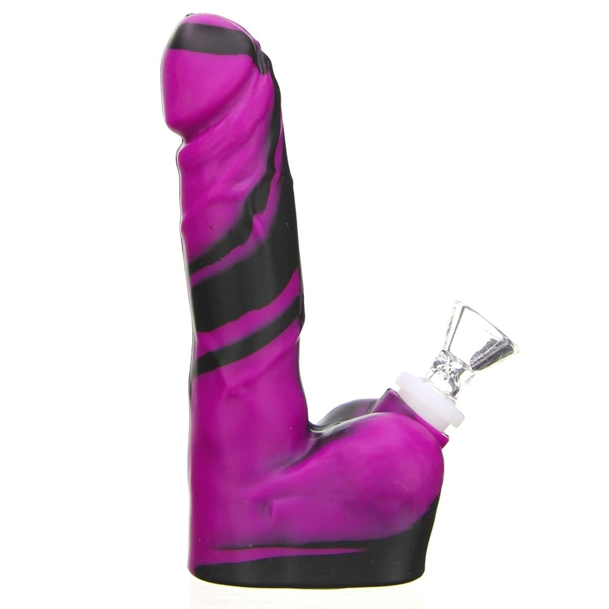 Front view of the Silicone Dildo Bong, a purple silicone piece with a unique, curved shape and smooth texture.