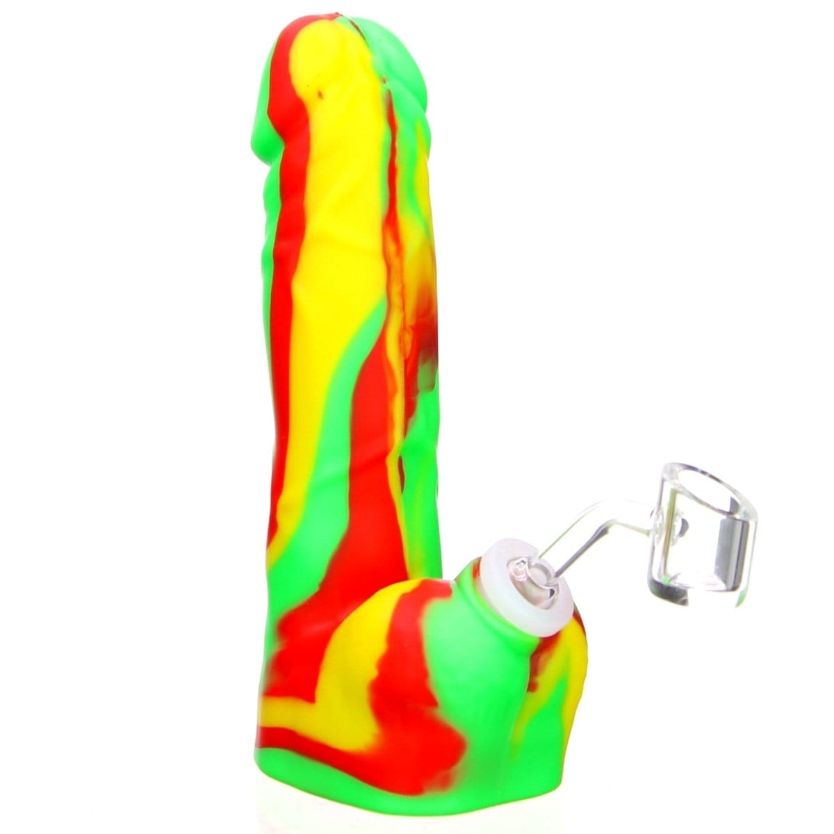A front view of the Silicone Dildo Dab Rig shows the colorful silicone piece angled against a plain white background.