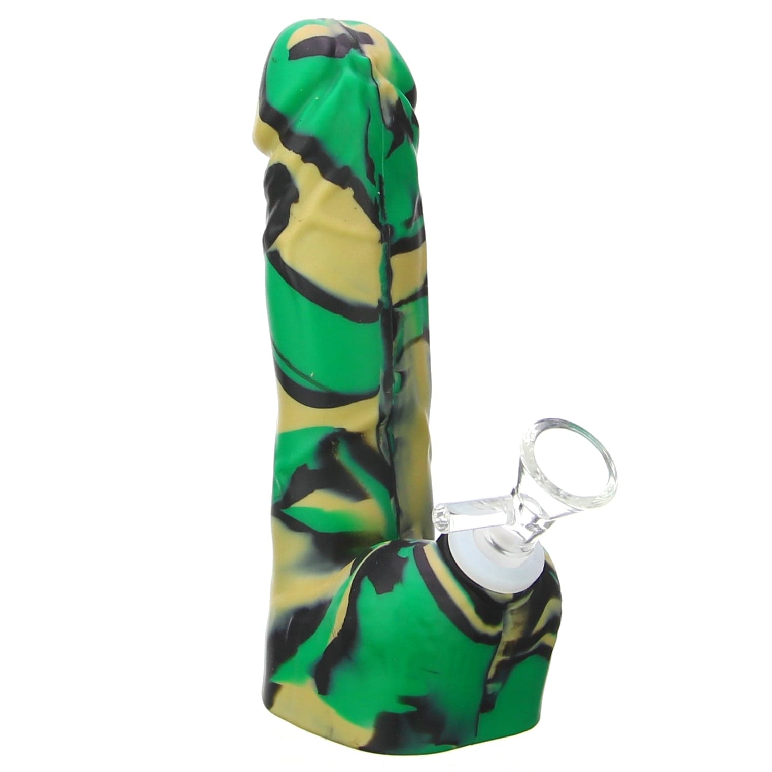 Front view of the Silicone Dildo Bong, a textured, dark green water pipe with a rounded base and angled neck.