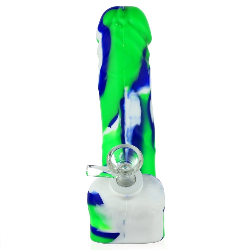Front view of the Silicone Dildo Bong, a green and white silicone piece with a smooth, curved shape.