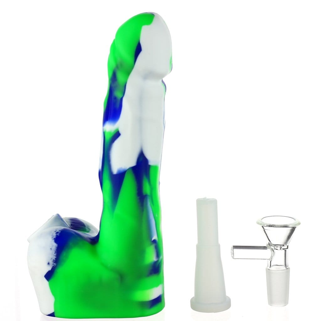 A studio shot of the Silicone Dildo Dab Rig, showcasing its smooth form and clear glass joint against a plain white background.