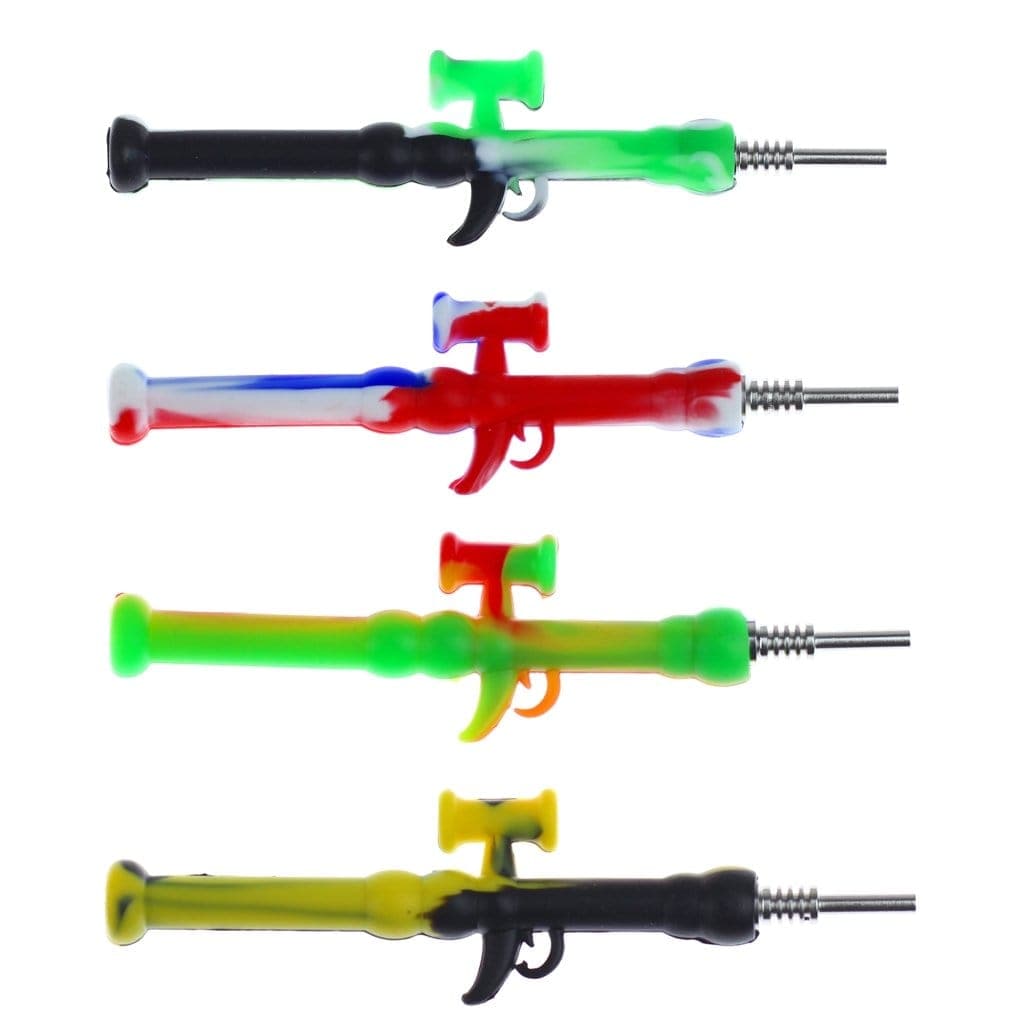 An assortment of colorful Silicone "Dab-zooka" Dab Straws are displayed in a close-up, top-down shot with a plain white background.