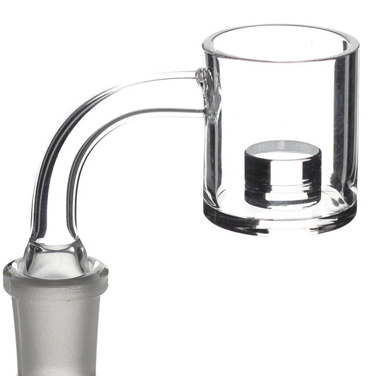 A close-up shot of the Core Reactor Banger, showing its clear glass construction and cylindrical shape against a plain white background.