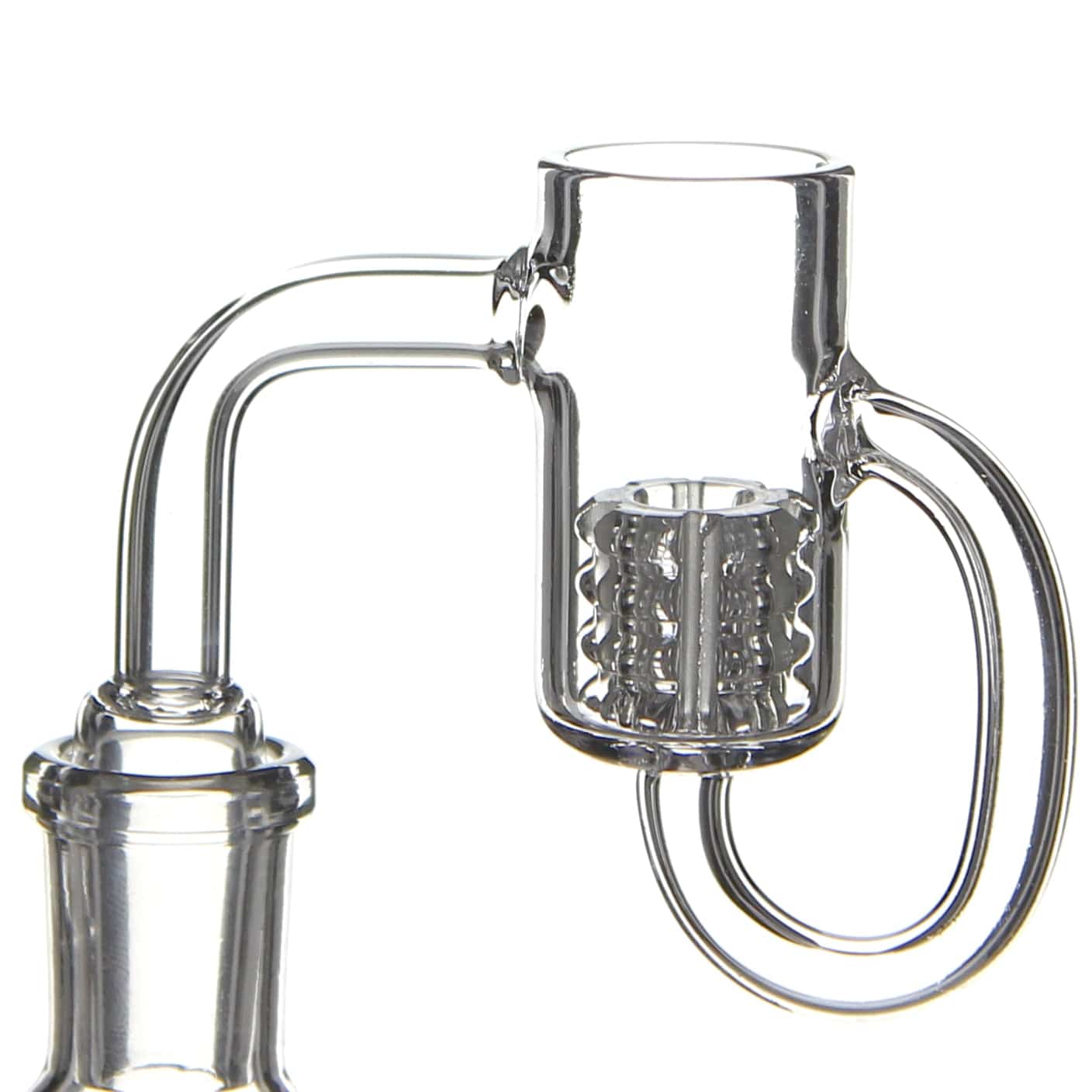 A close-up, angled view of the Premium Quartz Recycler Banger Set, showing its clear glass construction and intricate internal design.