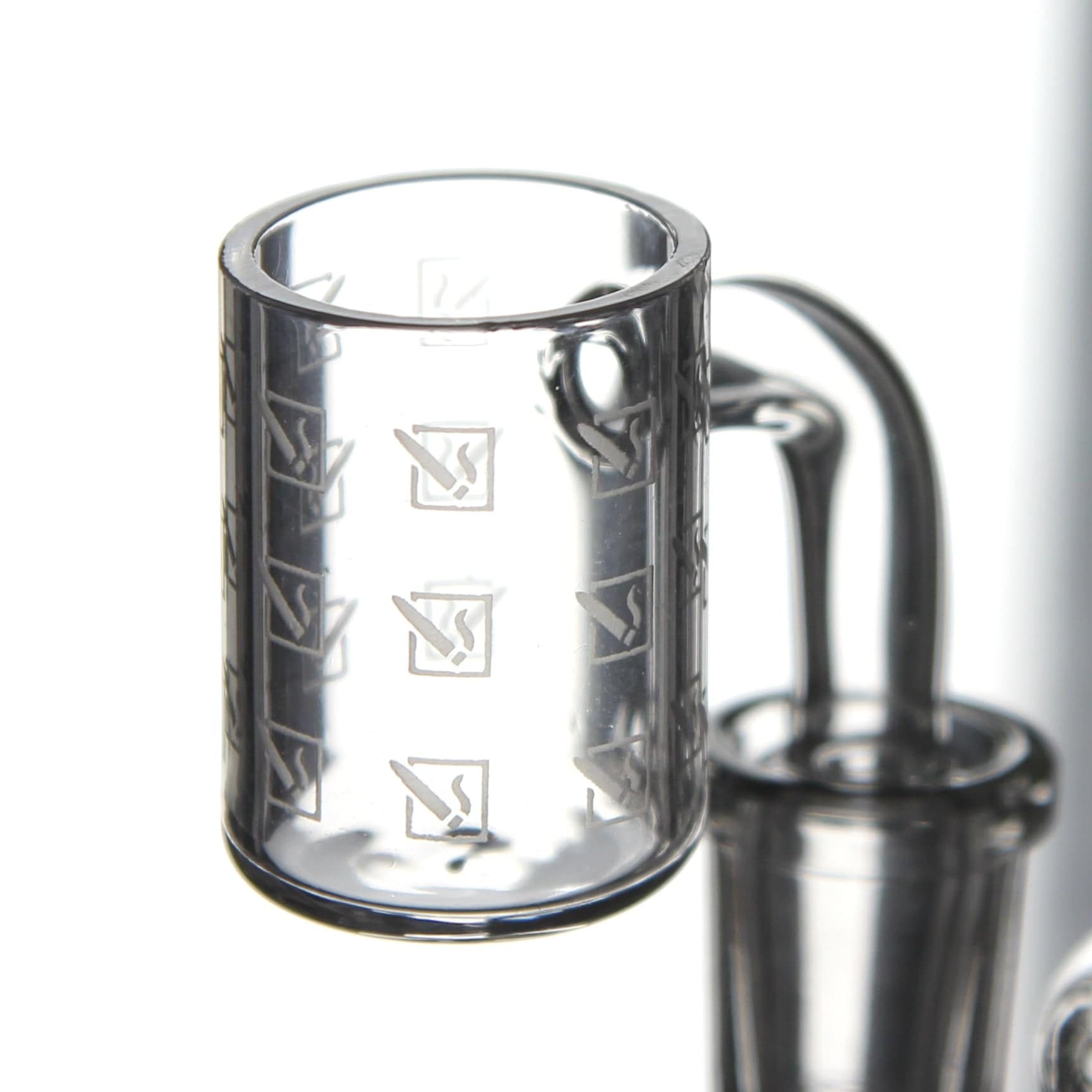 A close-up, angled view of the DHC Originals Doob Patterned Banger, showcasing its clear glass construction and unique patterned design.