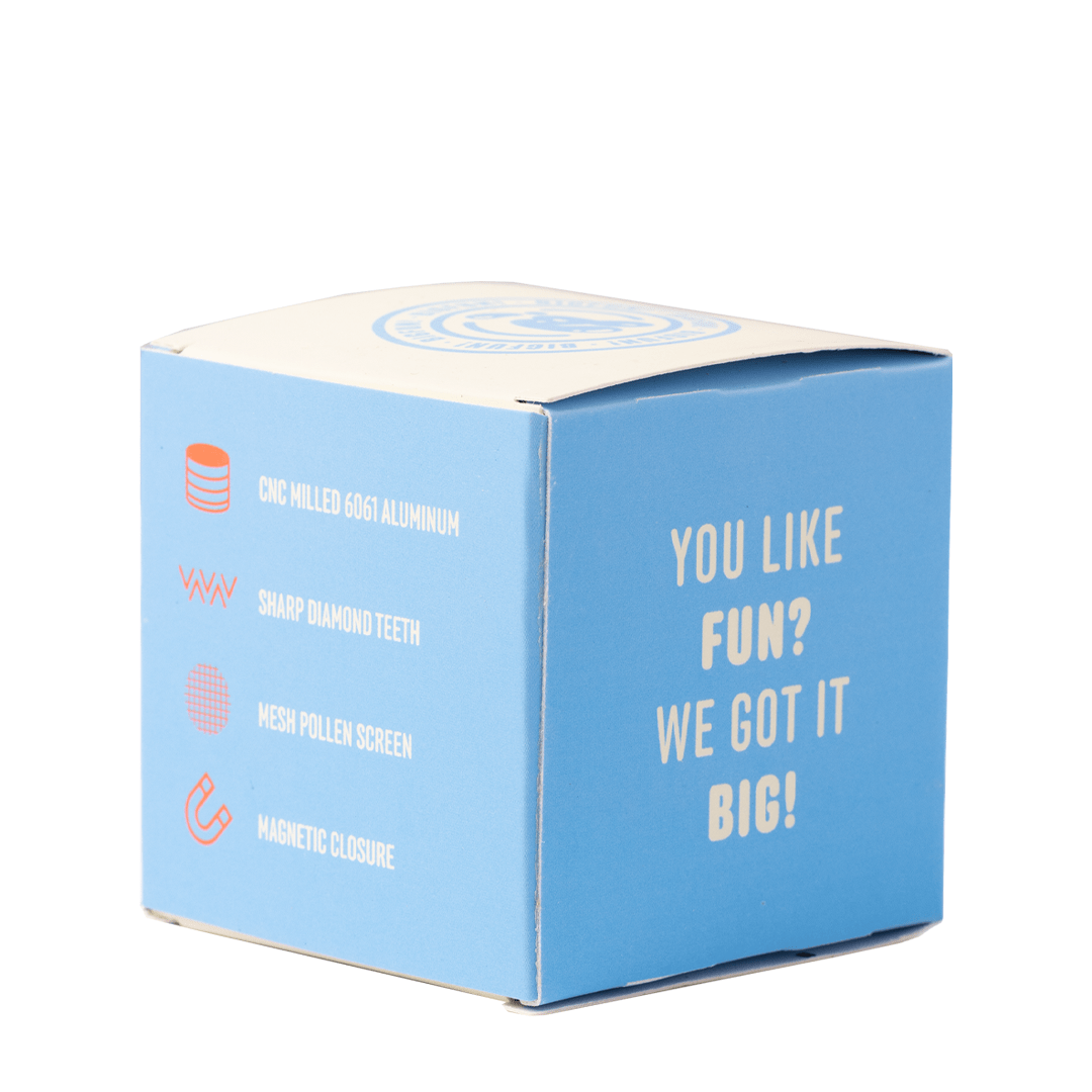 Front view of the BIGFUN! Medium Grinders, a silver-colored metal grinder against a plain white background.