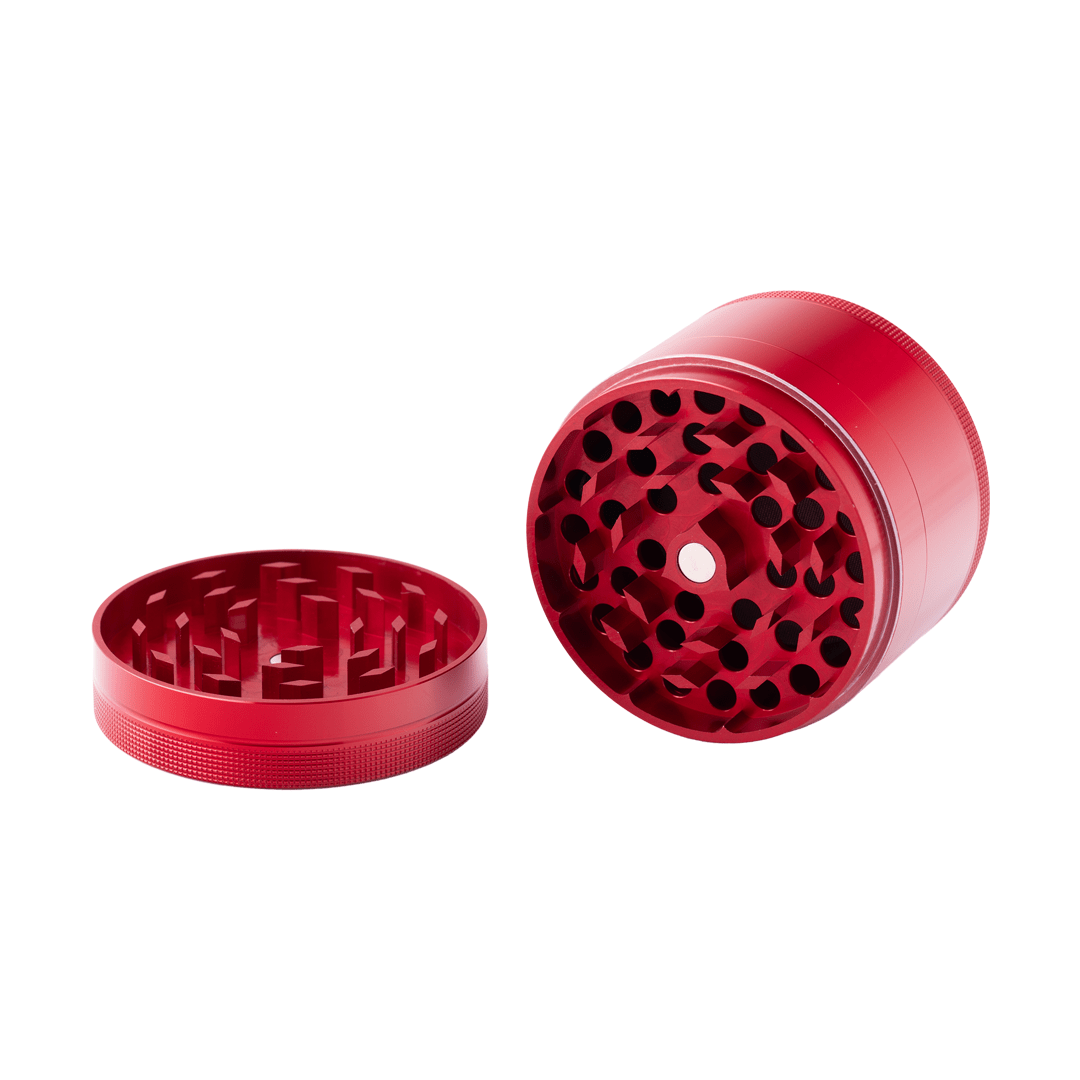 Overhead view of the open BIGFUN! XL Grinders, revealing multiple tiers within the metal grinder.
