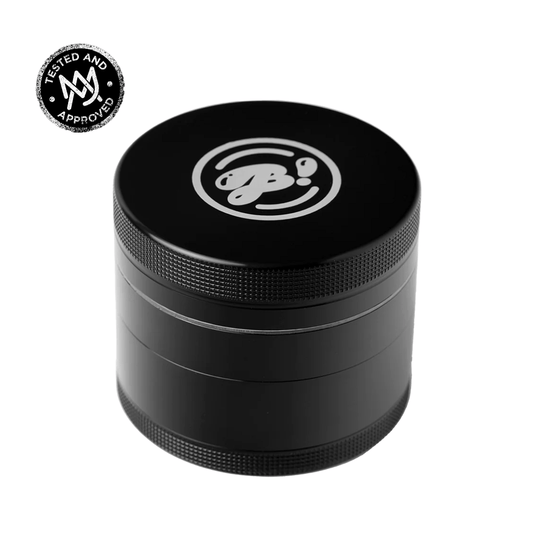 A straight-on view of the black BIGFUN! Large Grinders, showcasing its cylindrical shape and metallic finish.