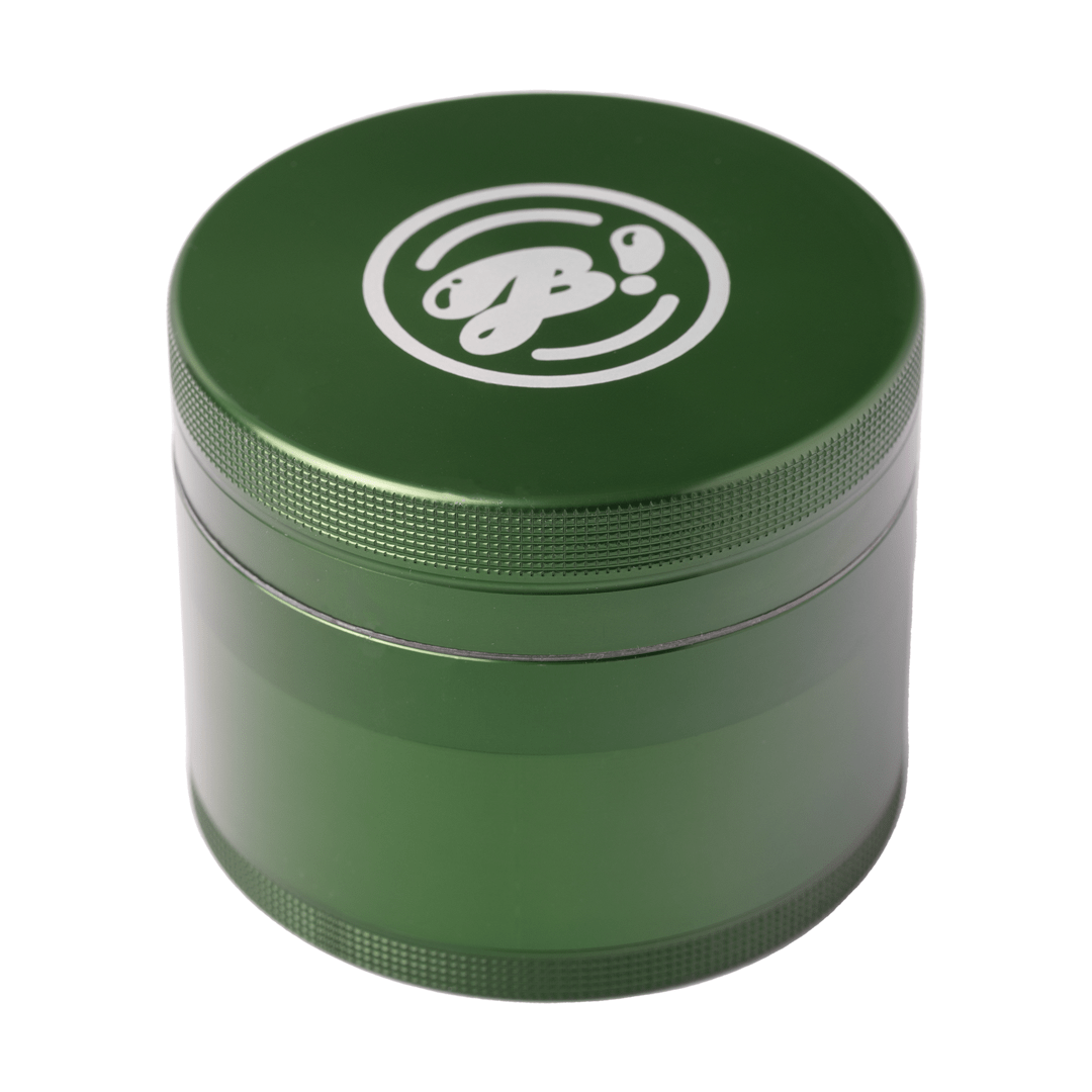 A close-up, angled view of the BIGFUN! XL Grinders, showcasing its metallic green, multi-tiered construction.