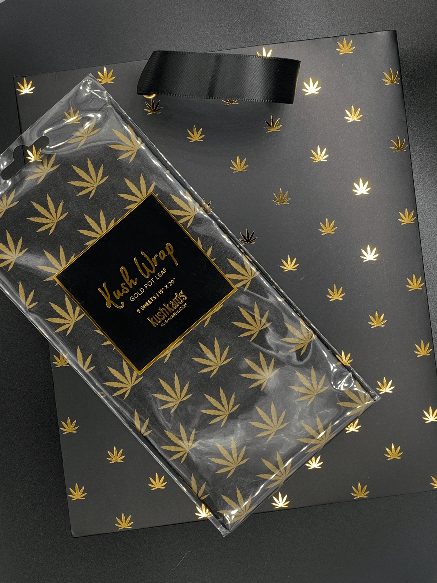 KushKards Gift Bag & Tissue Black & Gold Pot Leaf Print Gift Bag & Tissue Paper