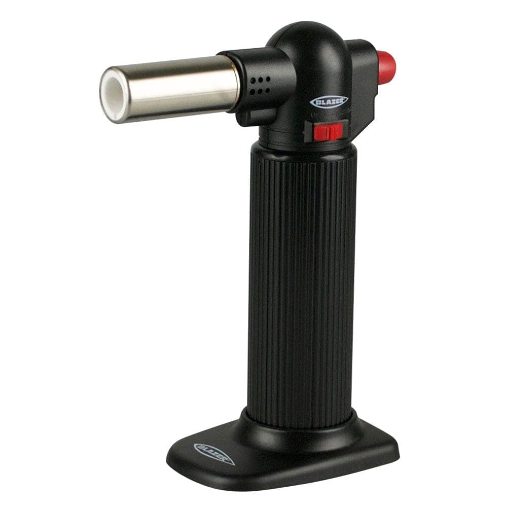 A close-up of the Blazer Big Buddy Torch Lighter with a black body and silver nozzle angled slightly upwards.