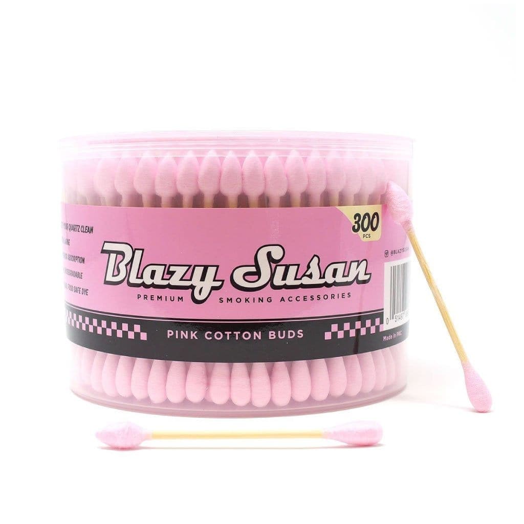 A close-up of the Blazy Susan Cotton Buds packaging, displaying a stack of white cotton swabs in a clear plastic container.