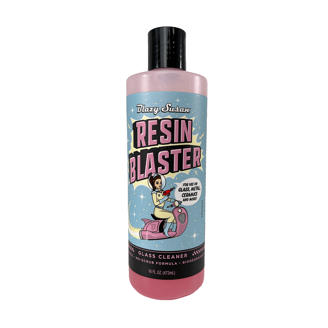 Front view of the Blazy Susan Resin Blaster Glass Cleaner bottle with colorful branding against a solid white backdrop.
